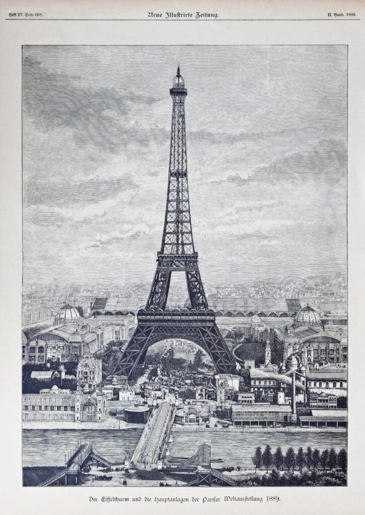 Reprografie van een oude gegraveerde illustratie van de Eiffeltoren in 1889
